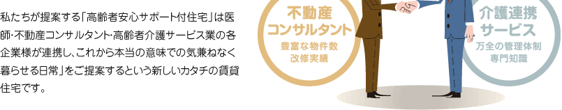 私たちが提案する「高齢者安心サポート付住宅」は医師・不動産コンサルタント・高齢者介護サービス業の各企業様が連携し、これから本当の意味での気兼ねなく暮らせる日常」をご提案するという新しいカタチの賃貸住宅です。
