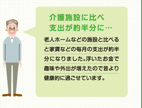 介護施設に比べ支出が約半分に 老人ホームなどの施設と比べると家賃などの毎月の支出が約半分になりました。浮いたお金で趣味や外出が増えたので昔より健康的に過ごせています。